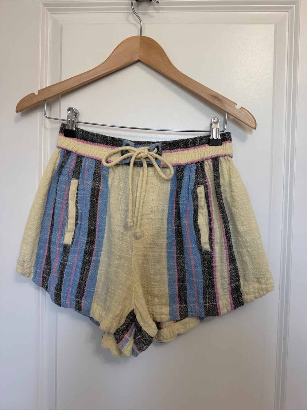 Free People Striped Cotton Drawstring Shorts Blue Cream X